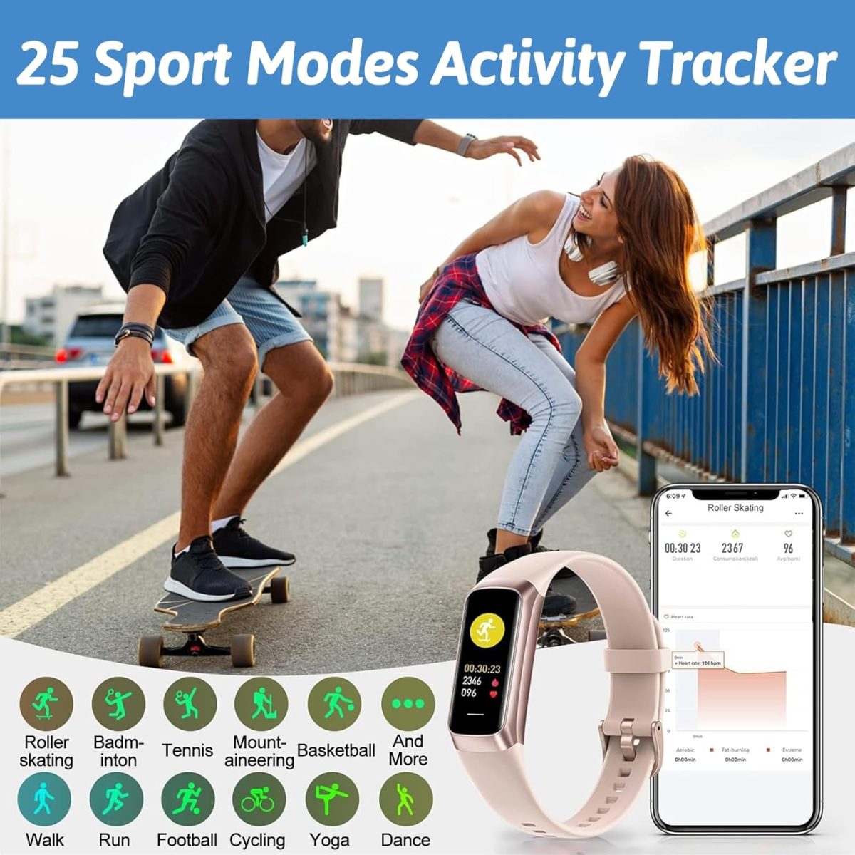 ⁦Smart Activity Tracke with1.1' Slim-thin Fitness Band, Fitness Tracker with Blood Oxygen Heart Rate & Sleep Monitor, 25+ Sport Modes with Step Count for Women&Men, IP67 Waterproof for Andorid iOS Pink⁩ - الصورة ⁦6⁩
