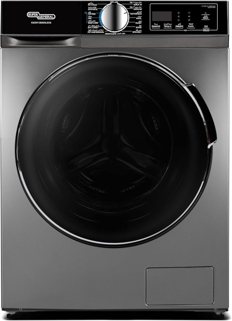Super General 13 kg Front Loading Washing Machine, 1400rpm, Inverter Compressor, Touch Panel, Quick Wash, Silent Operation,Stainless Steel-Drum,Silver | KSGW13600NLEDS With 2 Years Warranty.