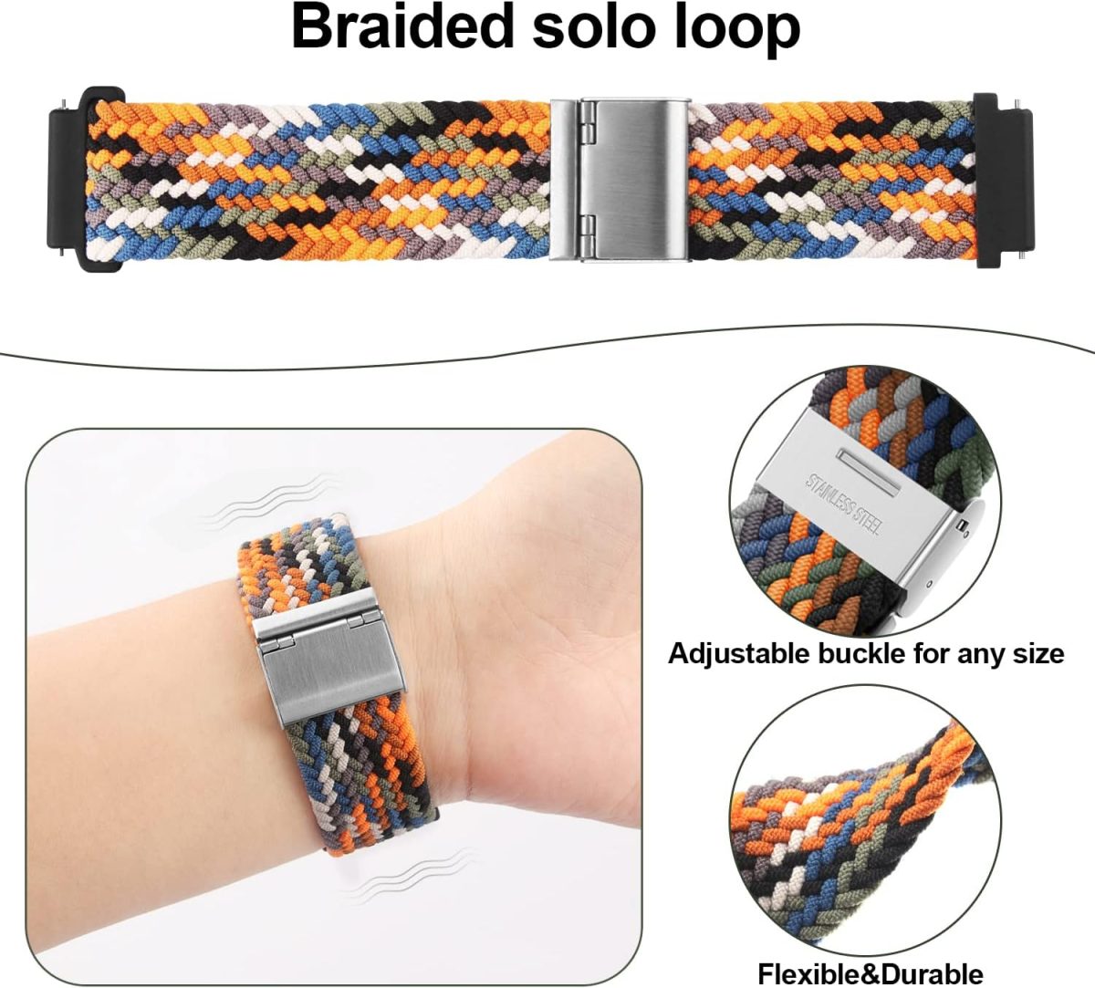 ⁦XMUXI 20mm Braided Watch Straps Compatible with Samsung Galaxy Watch 7 Galaxy watch 6 Classic Strap/Galaxy Watch 5/Watch 4 Nylon Solo Loop Replacement Watch Band for Amazfit GTS 4,Venu Sq⁩ - الصورة ⁦6⁩