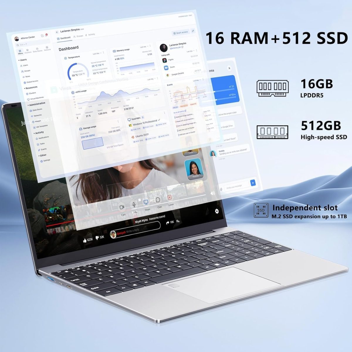 ⁦15.6 Inch Laptop, N95 Processor (Up to 3.4 GHz) Gaming Laptop 1920 x 1080 FHD IPS Screen, Laptops Computer 16 GB DDR4 512 GB SSD,180° Open Angle,Fingerprint Unlock Backlit Keyboard, WiFi 5, Webcam⁩ - الصورة ⁦4⁩