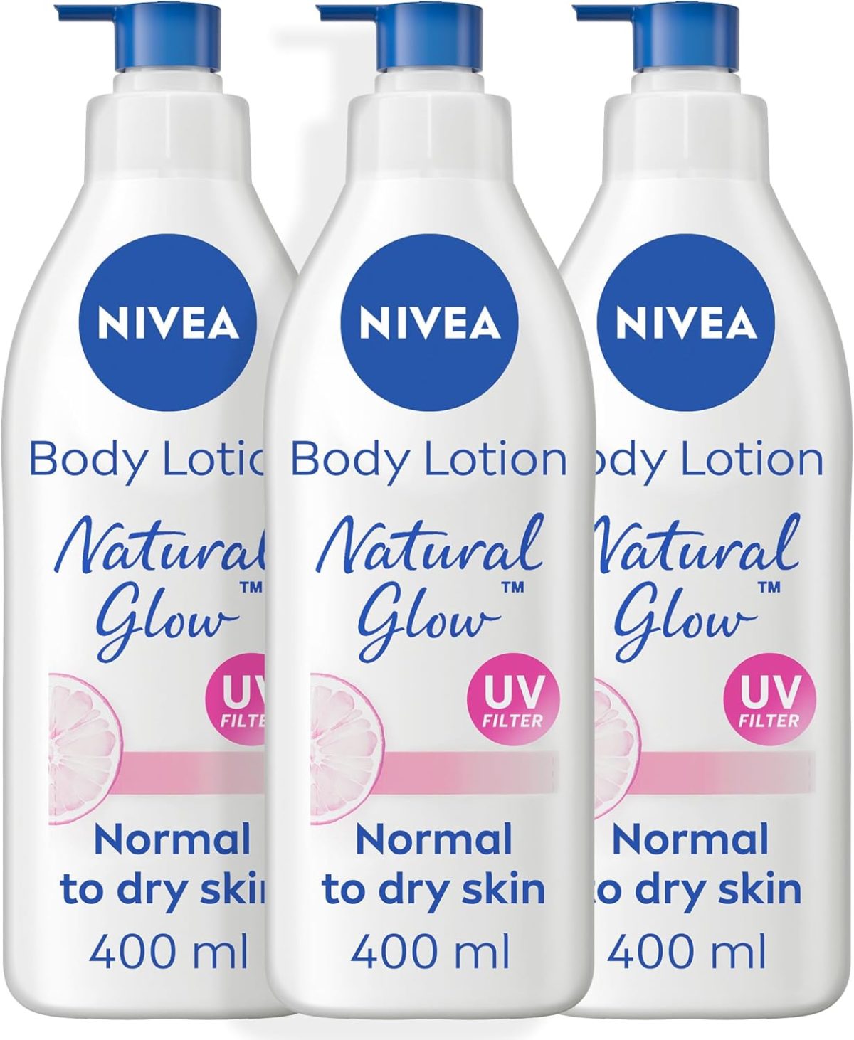 NIVEA Body Lotion for Normal to Dry Skin, Natural Glow, with Vitamin C and UV Filter, Moisturizes and Evens Skin Tone, 3x400ml