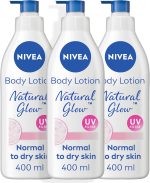 NIVEA Body Lotion for Normal to Dry Skin, Natural Glow, with Vitamin C and UV Filter, Moisturizes and Evens Skin Tone, 3x400ml
