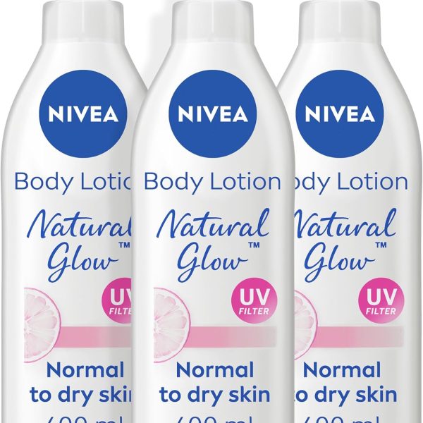 NIVEA Body Lotion for Normal to Dry Skin, Natural Glow, with Vitamin C and UV Filter, Moisturizes and Evens Skin Tone, 3x400ml