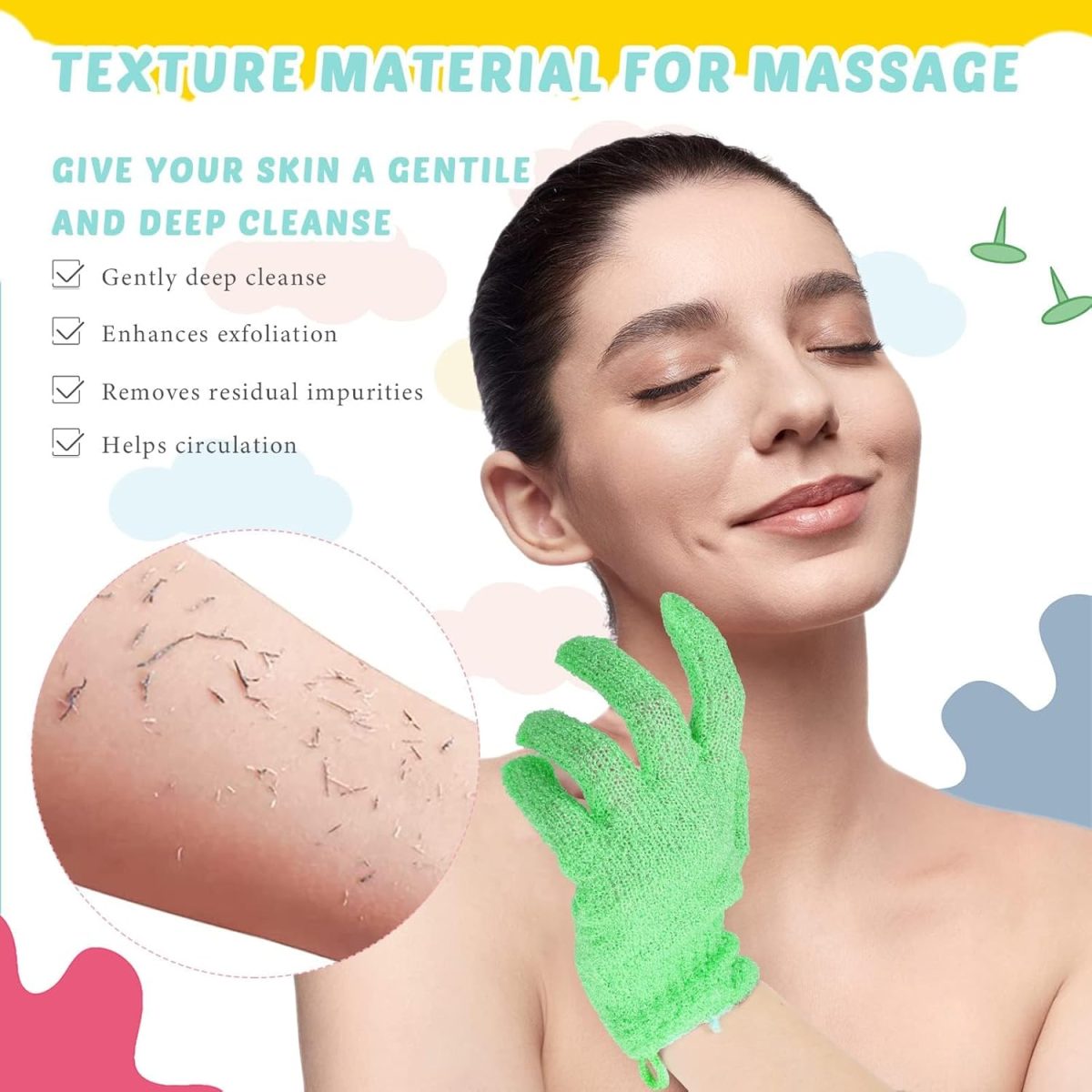 ⁦Hepiide [Upgrade]12Pcs Shower Gloves Body Exfoliating Wash Gloves Set, 4 Body Scrubber Nylon Back Washer, 8 Pcs Scrub mitts for Women Men Skin Stretchable Pull Strap Washcloth (Multi)⁩ - الصورة ⁦3⁩