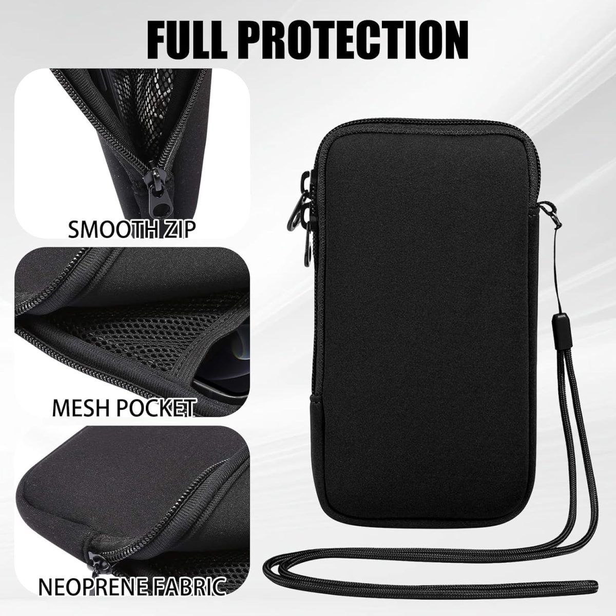 ⁦Neoprene Phone Pouch,Mobile Phone Sleeve Case with Zipper,Mobile Bag with Neck Lanyards Straps,Universal Shock Phone Sock,Black (7.2 inch)⁩ - الصورة ⁦2⁩