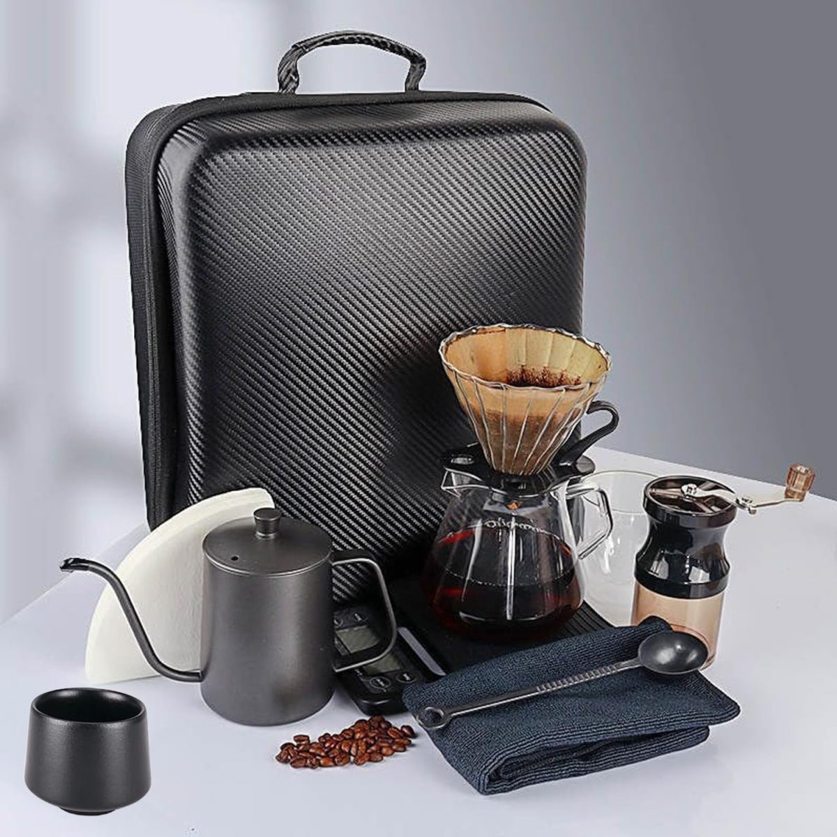 ⁦Winsoyya Coffee Maker Set, V60 Pour Over Drip Coffee Set, Outdoor Coffee Makers, Glass Pour Over Coffee maker, Manual Coffee Grinder Set-All in 1 Gift Bag, Travel Portable Pour Over Coffee Kit⁩ - الصورة ⁦3⁩