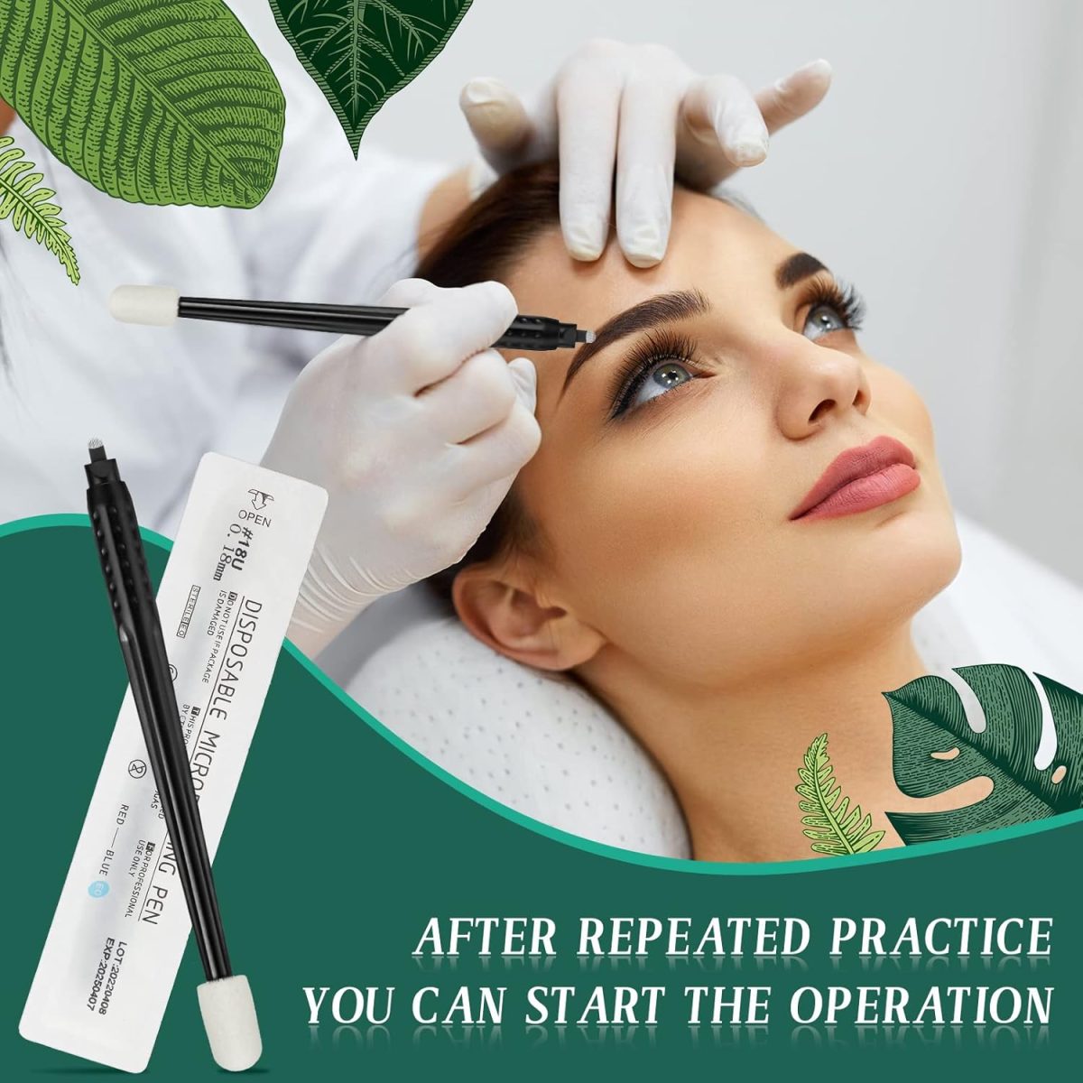 ⁦CHENGU 12 Pcs Microblading Manual Pen U18 18mm Disposable Microblading Pen with Pigment Sponge Eyebrow Microblading Hand Tools for Makeup, Black⁩ - الصورة ⁦3⁩