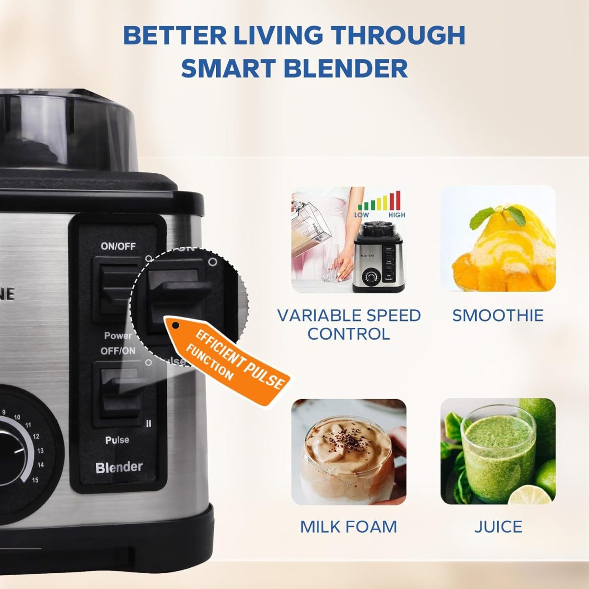 ⁦Ponicozy 3 in 1 Full Size Blender - 9500W Electric High Speed 15 Speed Countertop Smoothie Maker With 3L Bowl, 1.5L Chopper, 0.5L Grinder for Smoothie, Milkshake, Puree⁩ - الصورة ⁦4⁩