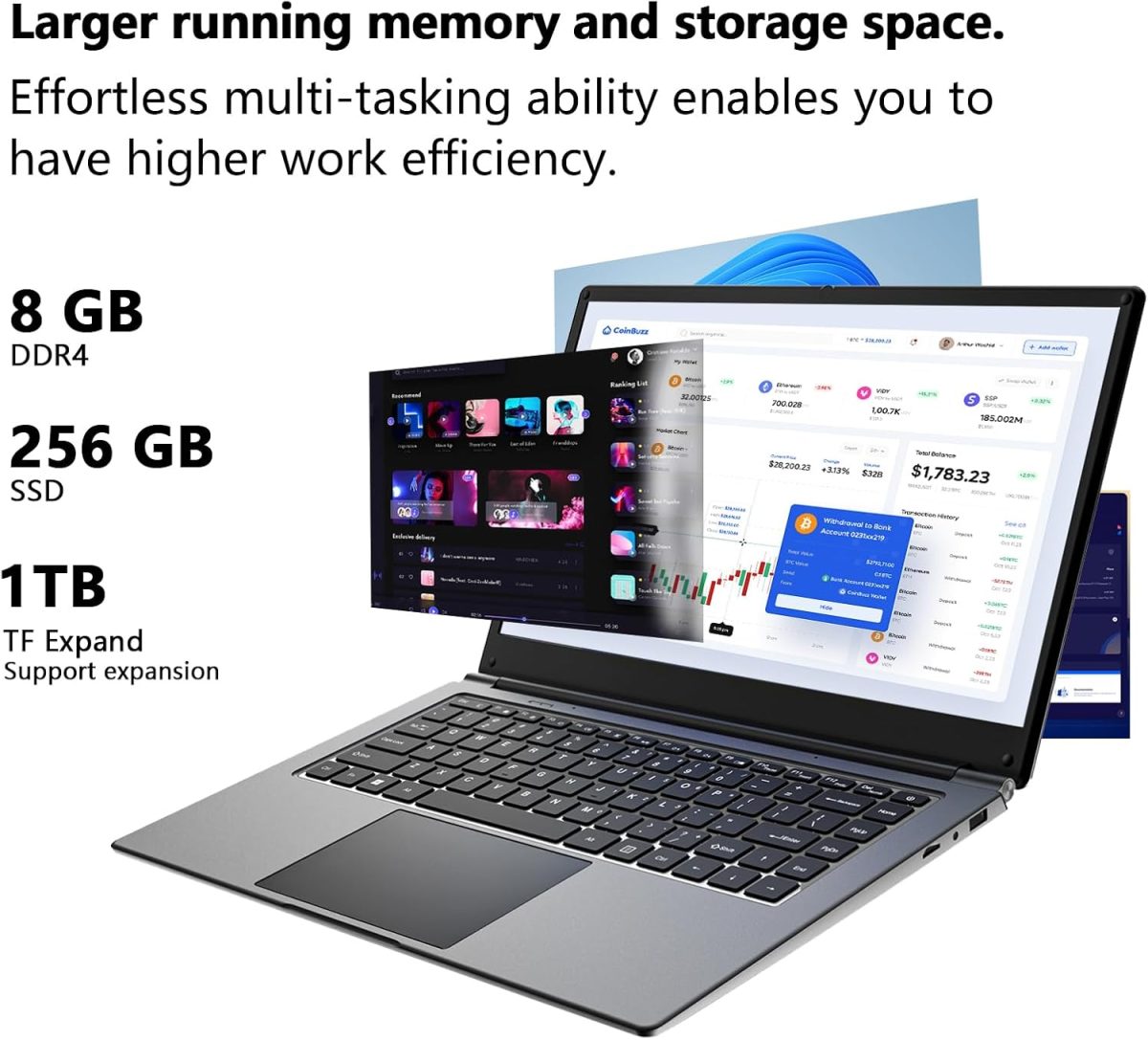 ⁦16 Inch Laptop, Portable Laptop with 6GB DDR and 64GB SSD,Expandable to 1TB.Quad Core Pentium Processor up to 2.64GHz.Mini HDMI.Dual Band WiFi. Webcam. Thin Laptops⁩ - الصورة ⁦3⁩