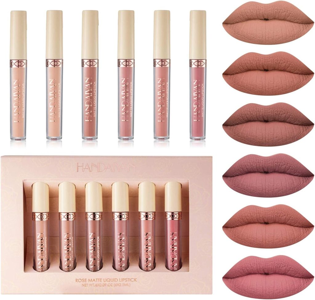 KASTWAVE 6 Pcs Nude Lipstick Set, Matte Liquid Lipstick Set Long-Lasting Wear Non-Stick Cup Not Fade Waterproof Lip Gloss Set for Women
