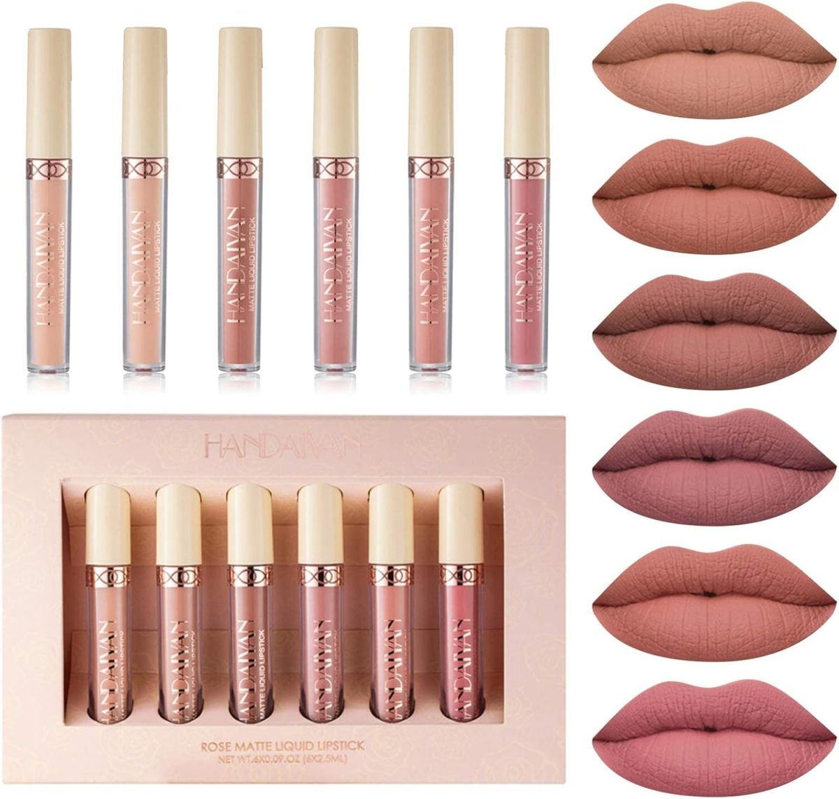 KASTWAVE 6 Pcs Nude Lipstick Set, Matte Liquid Lipstick Set Long-Lasting Wear Non-Stick Cup Not Fade Waterproof Lip Gloss Set for Women