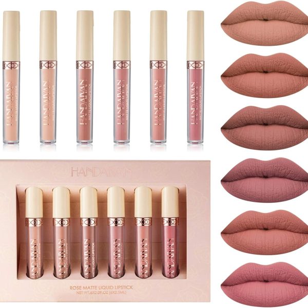 KASTWAVE 6 Pcs Nude Lipstick Set, Matte Liquid Lipstick Set Long-Lasting Wear Non-Stick Cup Not Fade Waterproof Lip Gloss Set for Women