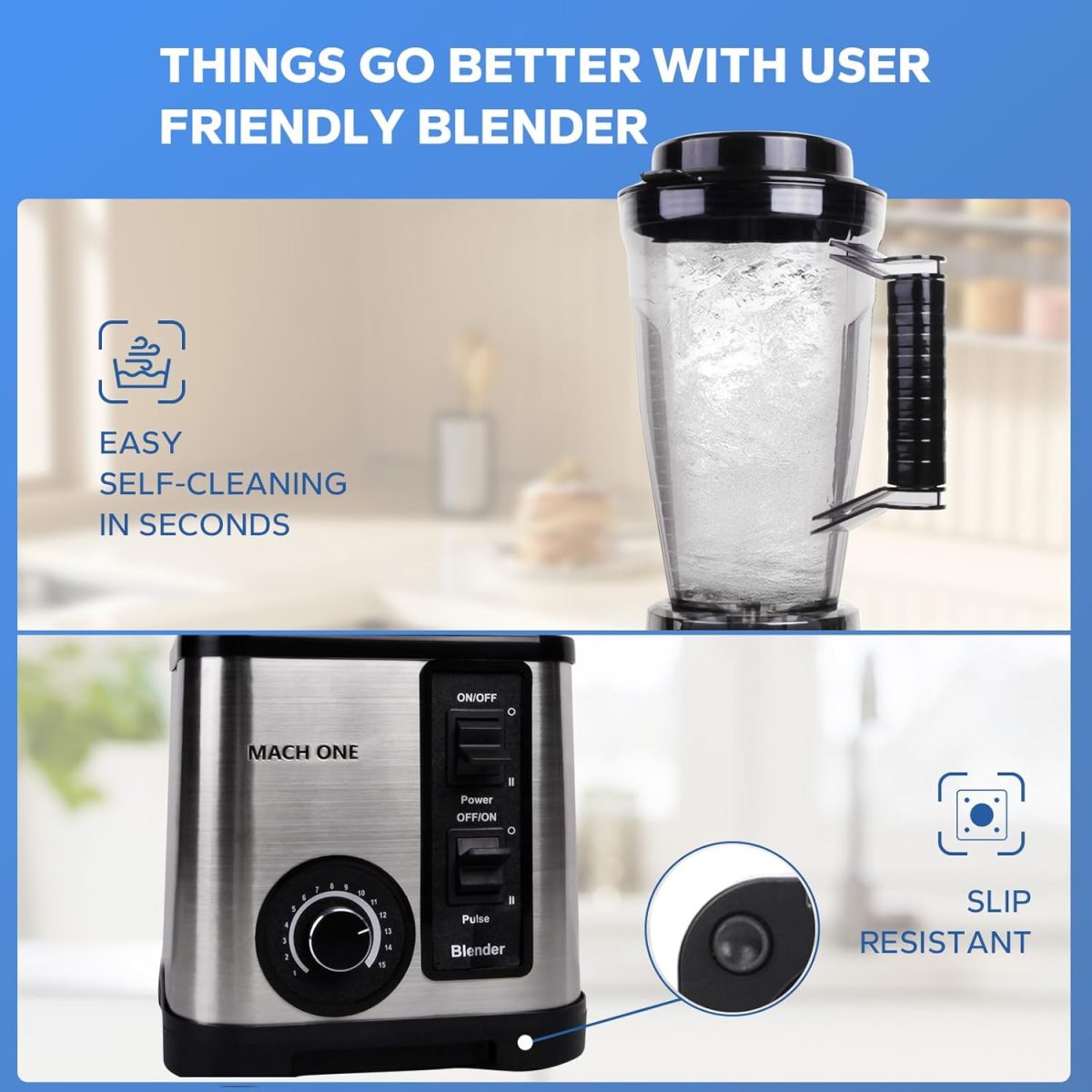 ⁦Ponicozy 3 in 1 Full Size Blender - 9500W Electric High Speed 15 Speed Countertop Smoothie Maker With 3L Bowl, 1.5L Chopper, 0.5L Grinder for Smoothie, Milkshake, Puree⁩ - الصورة ⁦5⁩