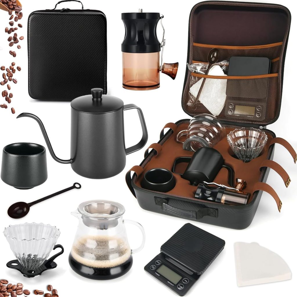 Winsoyya Coffee Maker Set, V60 Pour Over Drip Coffee Set, Outdoor Coffee Makers, Glass Pour Over Coffee maker, Manual Coffee Grinder Set-All in 1 Gift Bag, Travel Portable Pour Over Coffee Kit