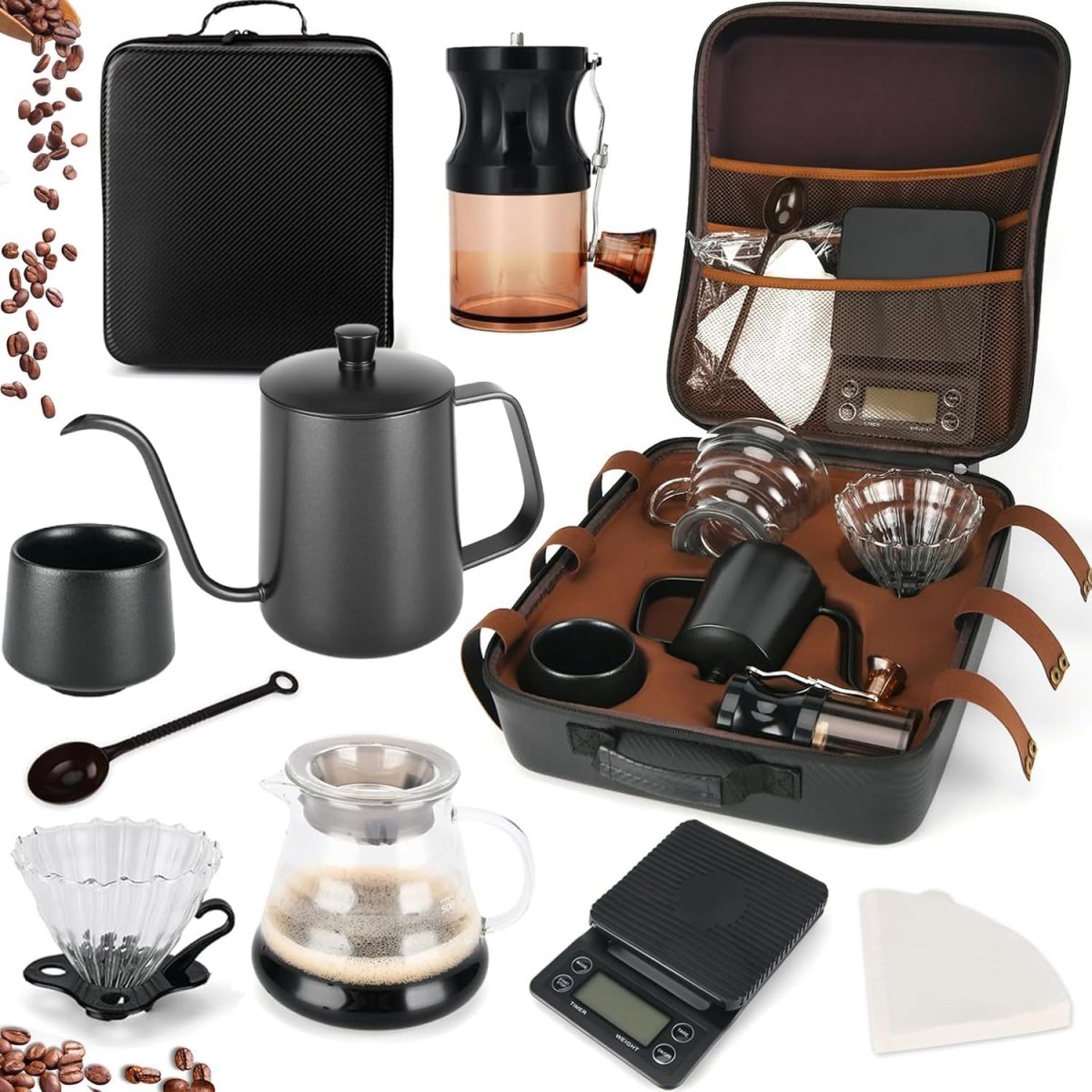 Winsoyya Coffee Maker Set, V60 Pour Over Drip Coffee Set, Outdoor Coffee Makers, Glass Pour Over Coffee maker, Manual Coffee Grinder Set-All in 1 Gift Bag, Travel Portable Pour Over Coffee Kit