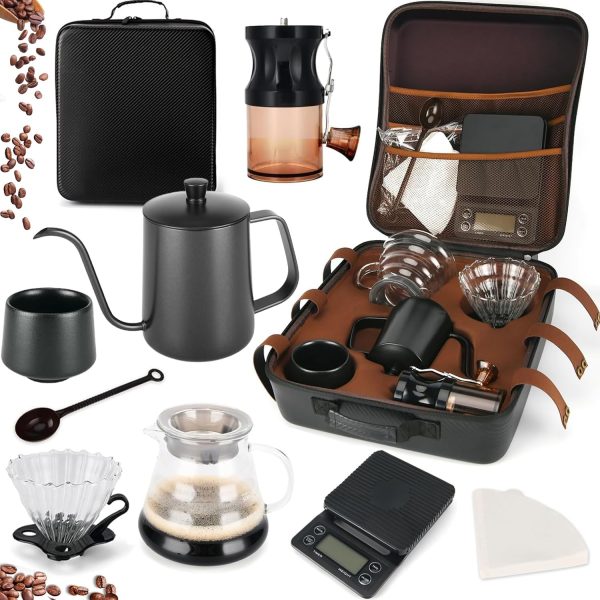 Winsoyya Coffee Maker Set, V60 Pour Over Drip Coffee Set, Outdoor Coffee Makers, Glass Pour Over Coffee maker, Manual Coffee Grinder Set-All in 1 Gift Bag, Travel Portable Pour Over Coffee Kit
