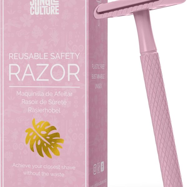 Jungle Culture Safety Razor with 10 Double Edge Blades • Single Blade Metal Razors for Women & Men for Body & Face • Eco Friendly & Reusable Shaver • Pink