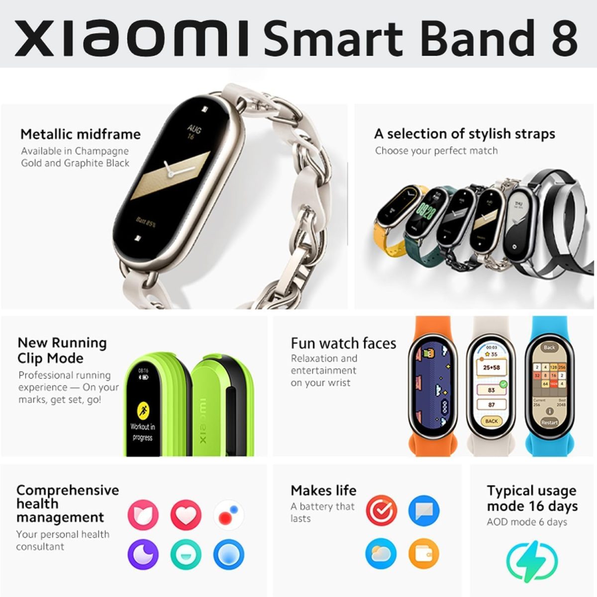 ⁦Xiaomi Mi Smart Band 8 Fitness Tracker & Activity Tracker (AMOLED Display, SpO2 Tracking, Sleep Monitoring, Heart Rate Monitoring, Notifications, Pedometer, 5ATM Waterproof, Mi Fit App)⁩ - الصورة ⁦2⁩