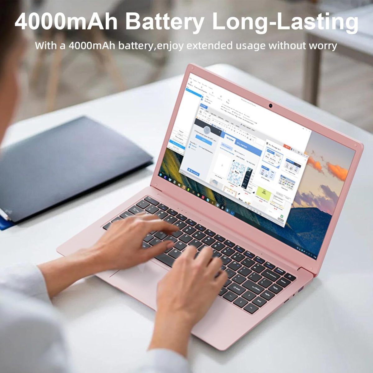 ⁦PONKLOIE Laptop Computer, 14" Windows Laptops 8GB RAM DDR4 128GB SSD Storage, Pink Laptop Celeron N4000 Processors, HD Screen Display Windows 11 for School Students Business (Pink-14“-Z141)⁩ - الصورة ⁦4⁩