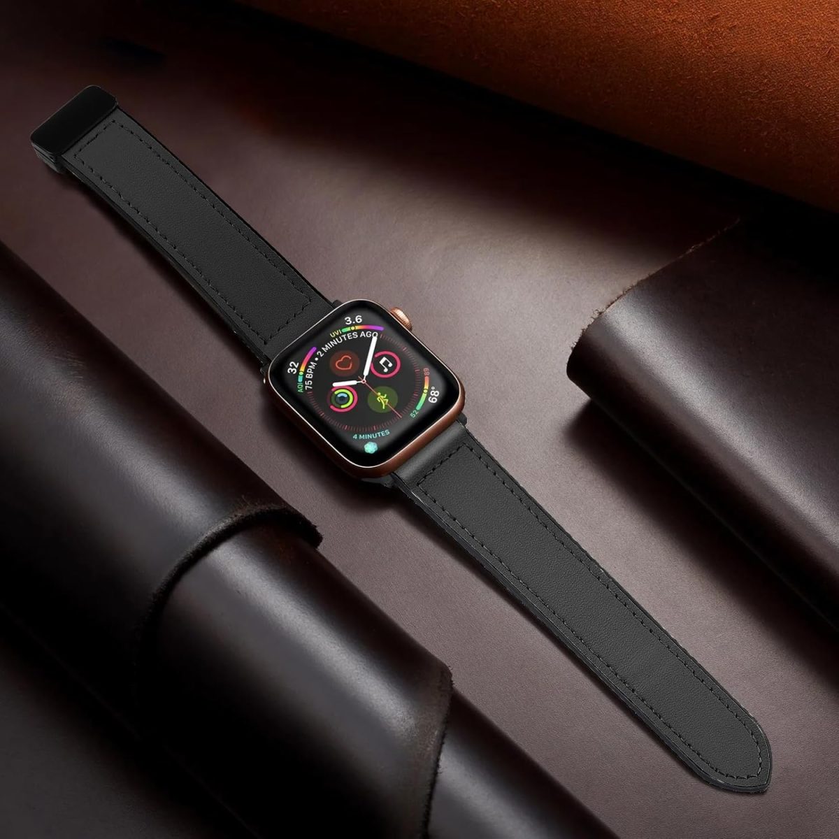 ⁦Excefore Magnetic Leather Watch Band for Apple Watch - Compatible with 49mm 45mm 44mm 42mm, Genuine Leather Strap with Magnetic Buckle, Fits for Apple Watch Ultra 9 8 7 Series - Black⁩ - الصورة ⁦8⁩