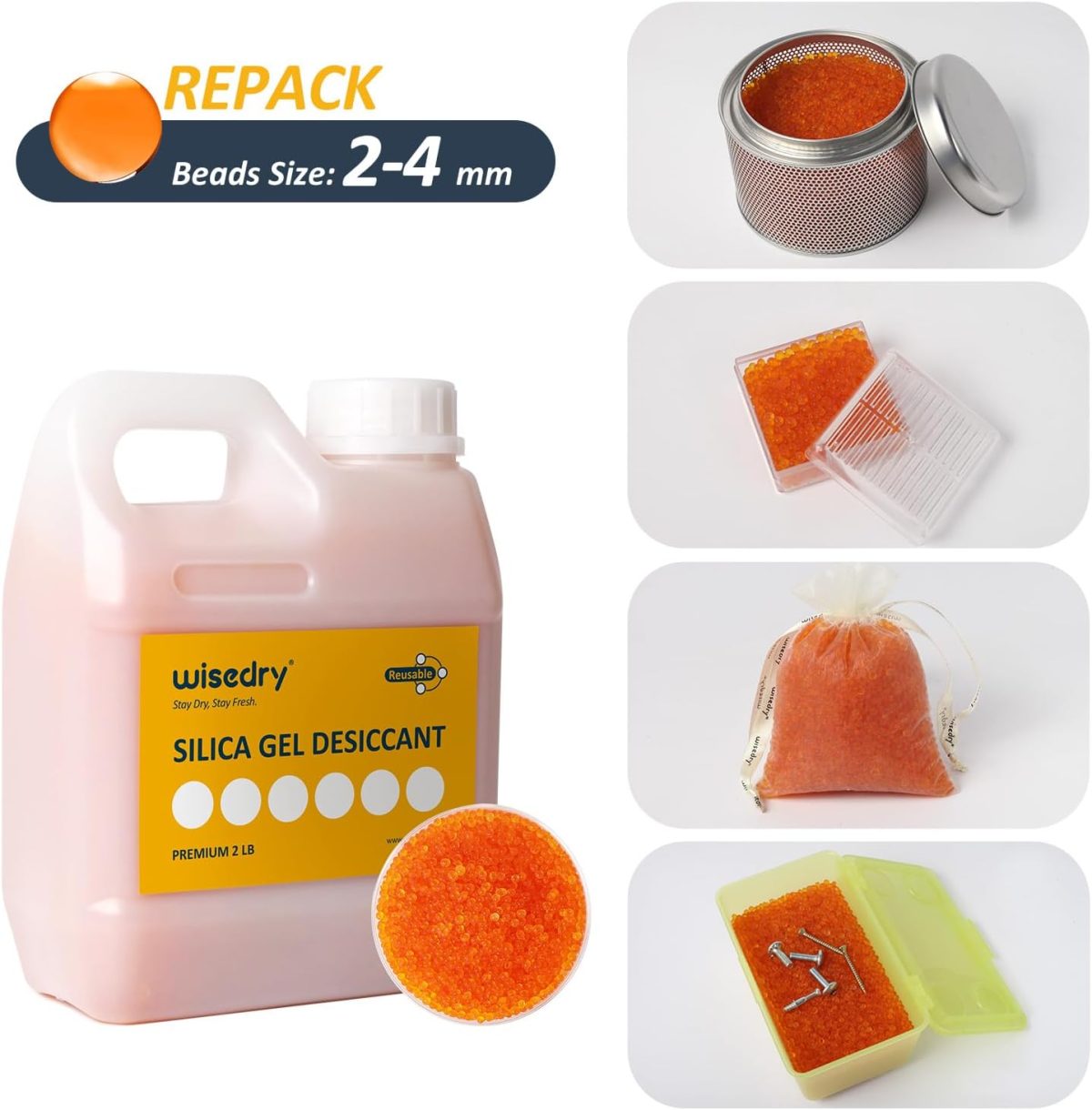 ⁦wisedry [ 2 LBS ] Silica Gel Desiccant Beads Bulk with Color Indicating, Bead Size 2-4 mm, Rechargeable⁩ - الصورة ⁦7⁩