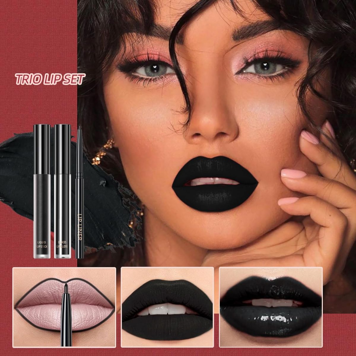 ⁦Black Lip Liner Lipstick Lip Gloss Set, 3Pcs Black Matte Liquid Lipstick Lip Stain, Long-Lasting Highly Pigmented Waterproof Lipgloss for Lips Makeup Kits Party, Halloween, Gothic Makeup⁩ - الصورة ⁦5⁩
