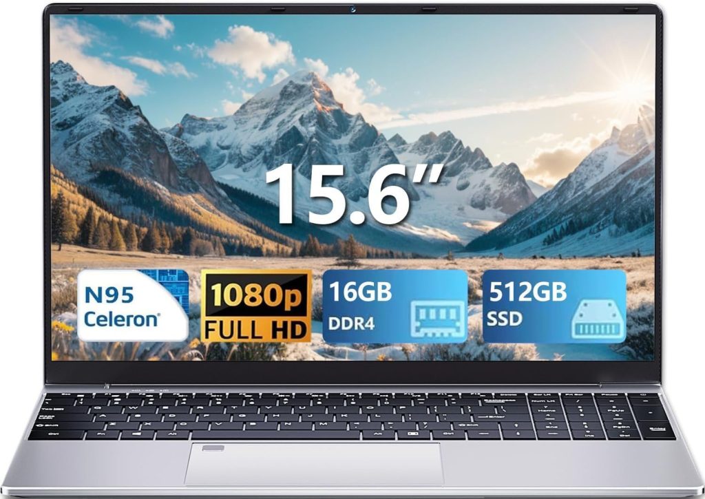 15.6 Inch Laptop, N95 Processor (Up to 3.4 GHz) Gaming Laptop 1920 x 1080 FHD IPS Screen, Laptops Computer 16 GB DDR4 512 GB SSD,180° Open Angle,Fingerprint Unlock Backlit Keyboard, WiFi 5, Webcam