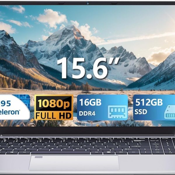 15.6 Inch Laptop, N95 Processor (Up to 3.4 GHz) Gaming Laptop 1920 x 1080 FHD IPS Screen, Laptops Computer 16 GB DDR4 512 GB SSD,180° Open Angle,Fingerprint Unlock Backlit Keyboard, WiFi 5, Webcam