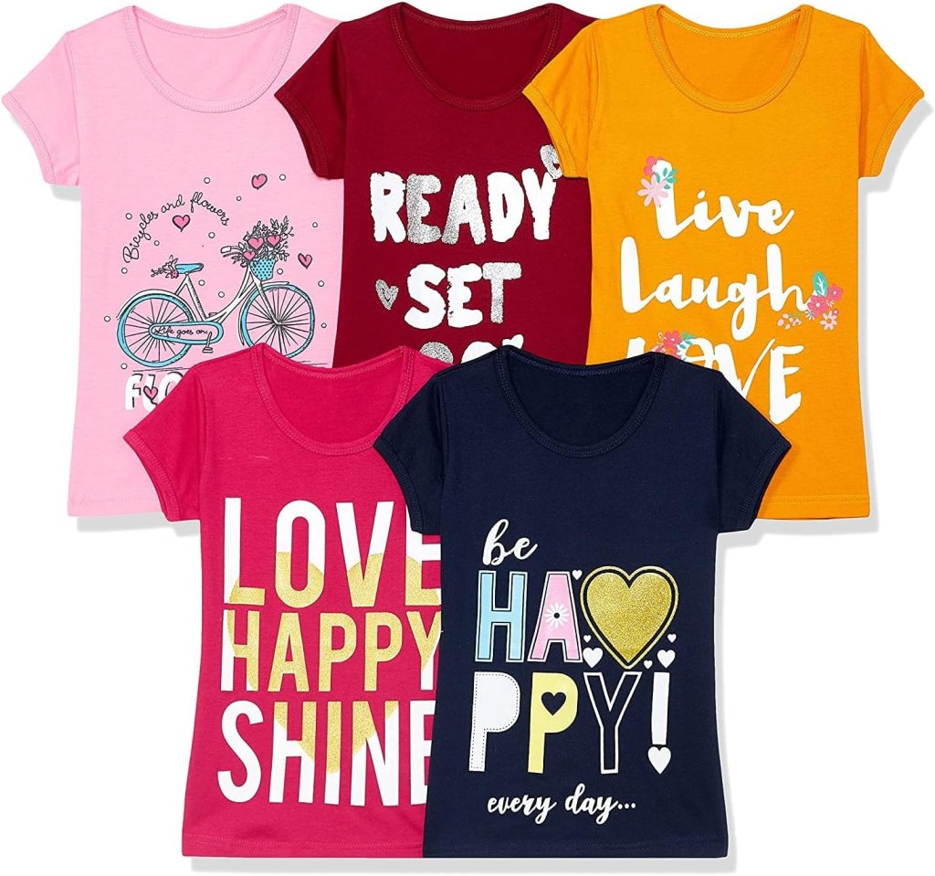 T2F Girl's Plain Regular fit T-Shirt (GLS-TSRT-17_Multicolor 1 2-3 Years)