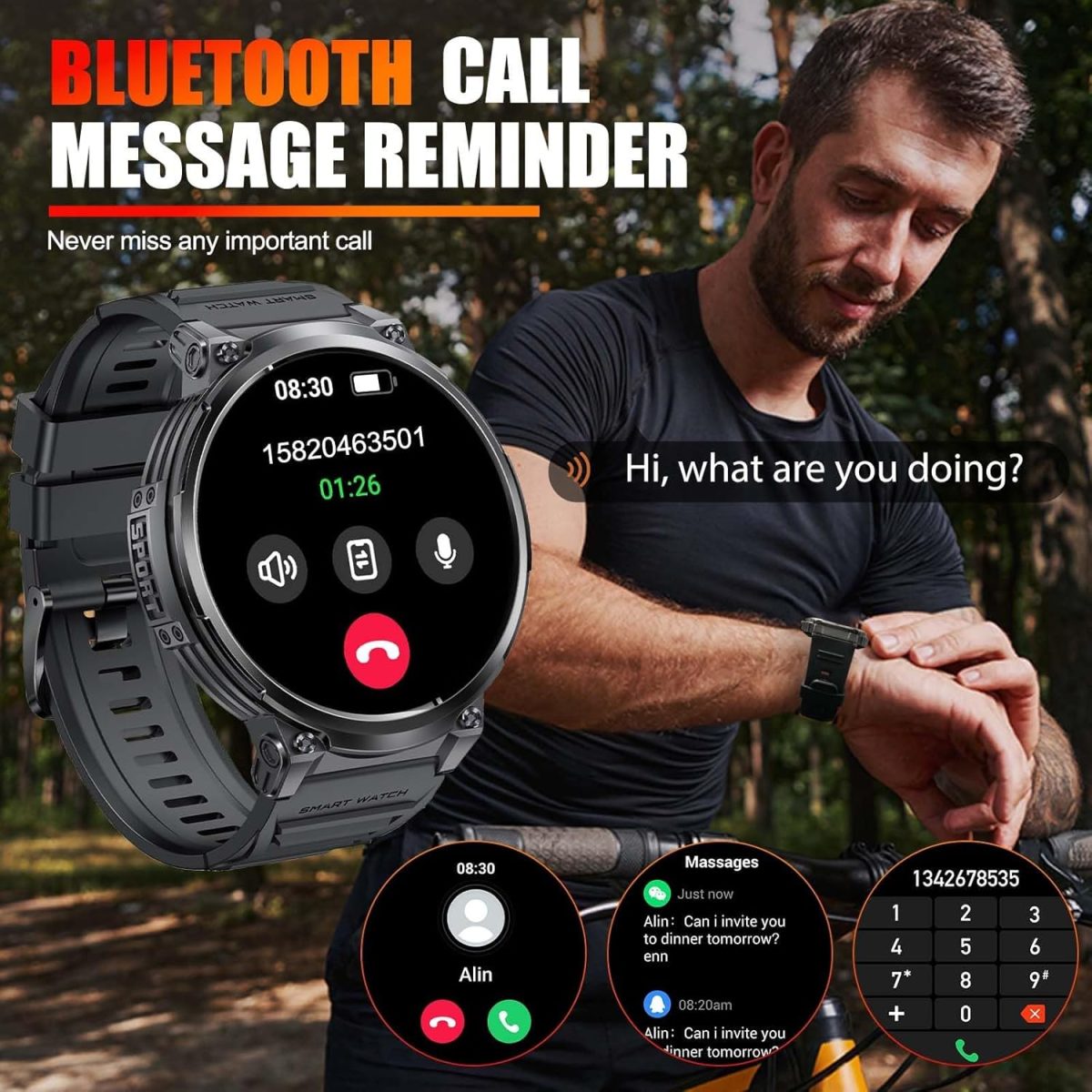 ⁦Military Smart Watches for Men with LED Flashlight 1.85" Large Screen 730mAh Big Battery Activity Tracker with Bluetooth Call Sport Modes Health Monitor Outdoor Tactical Smartwatch for iPhone Android⁩ - الصورة ⁦5⁩
