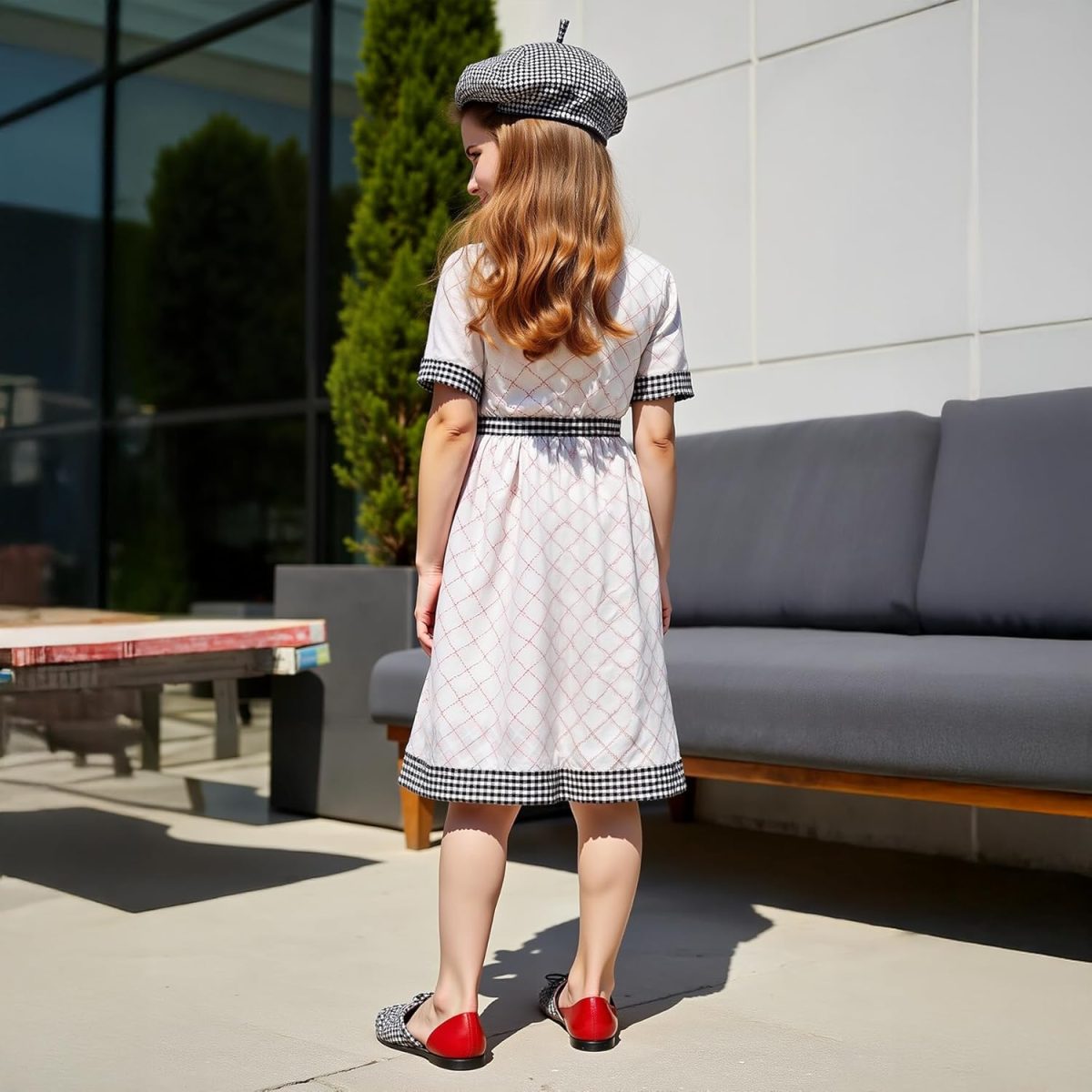 ⁦Xulinova girls' fashion plaid A-line dress with bow belt, short sleeves, breathable stretch fabric, size 8–12Y, فساتين بنات للعيد, فستان بناتي محتشم, ملابس اطفال بنات, فستان اطفال⁩ - الصورة ⁦3⁩