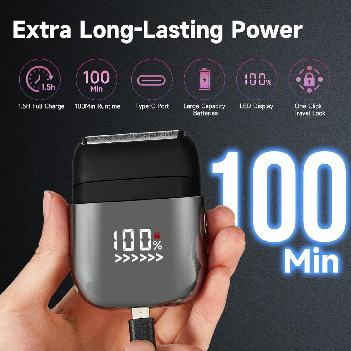 ⁦[Upgrade] Electric Foil Shavers for Men, Mini Electric Razor, Compact Face Shaver, IPX7 Waterproof Wet Dry Cordless Razor, LED Display, USB-C Fast Rechargeable⁩ - الصورة ⁦6⁩