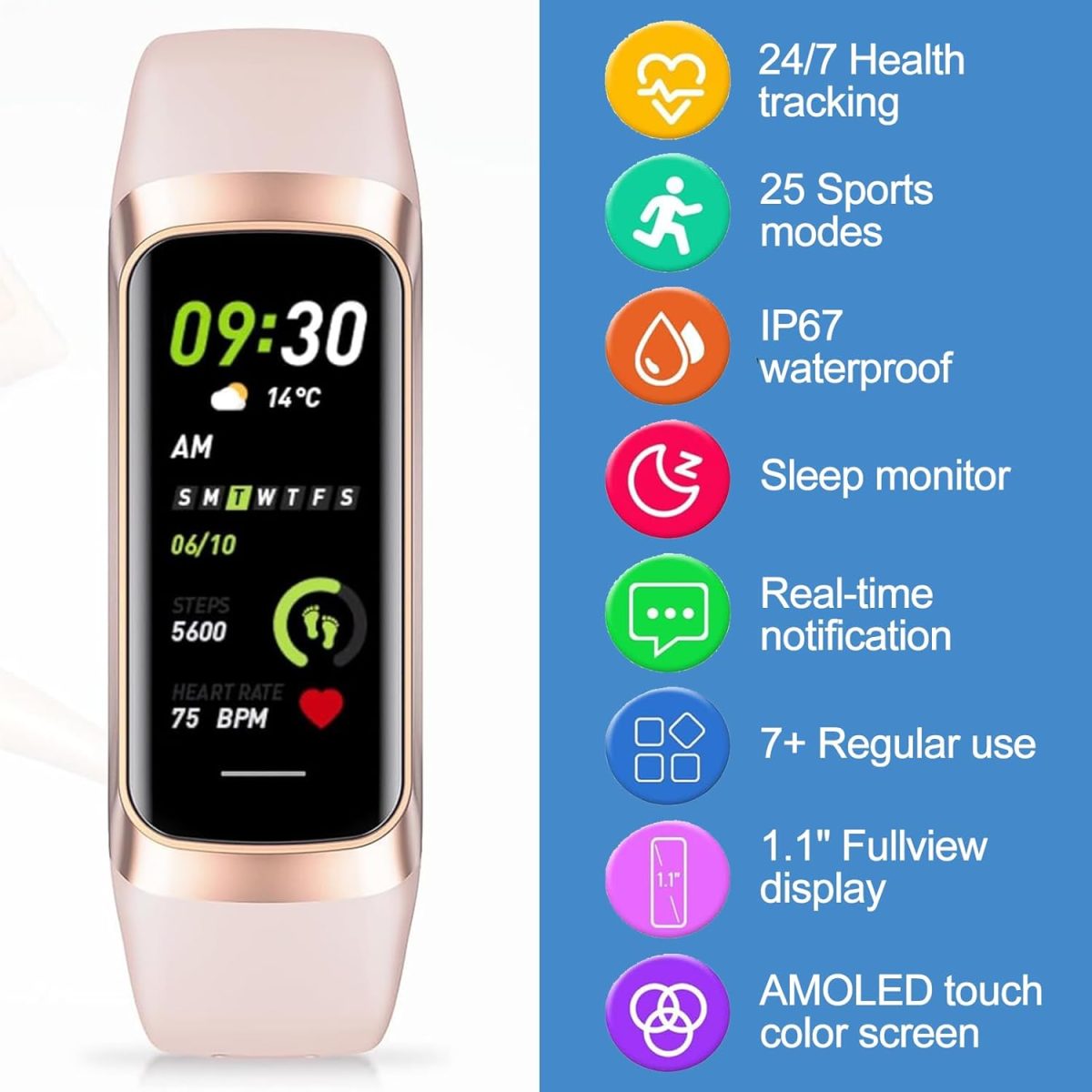 ⁦Smart Activity Tracke with1.1' Slim-thin Fitness Band, Fitness Tracker with Blood Oxygen Heart Rate & Sleep Monitor, 25+ Sport Modes with Step Count for Women&Men, IP67 Waterproof for Andorid iOS Pink⁩ - الصورة ⁦4⁩