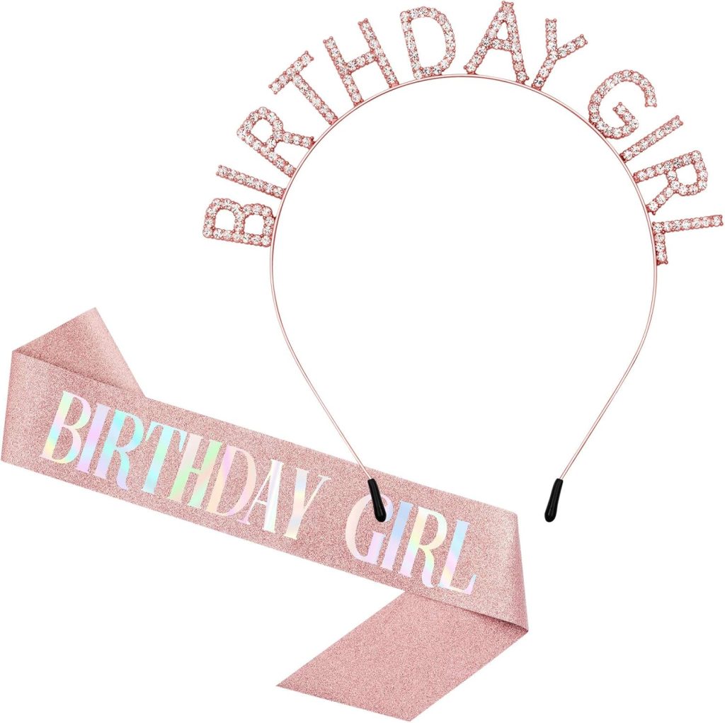 Aurmigle Birthday Crowns for Women, Rose-Gold Birthday Girl Sash & Birthday Tiara for Women Set, Princess Rhinestone Birthday Girl Headband Birthday Gifts for Women, Sweet Happy Birthday Accessories