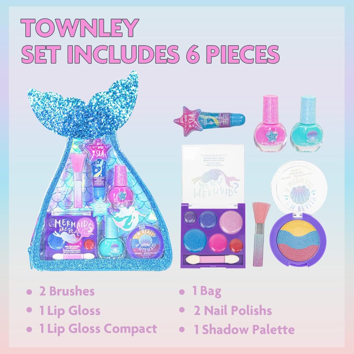 ⁦Townley Girl Mermaid Vibes Makeup Set with 8 Pieces, Including Lip Gloss, Nail Polish, Body Shimmer and More in Mermaid Bag, Ages 3+ for Parties, Sleepovers and Makeovers⁩ - الصورة ⁦2⁩