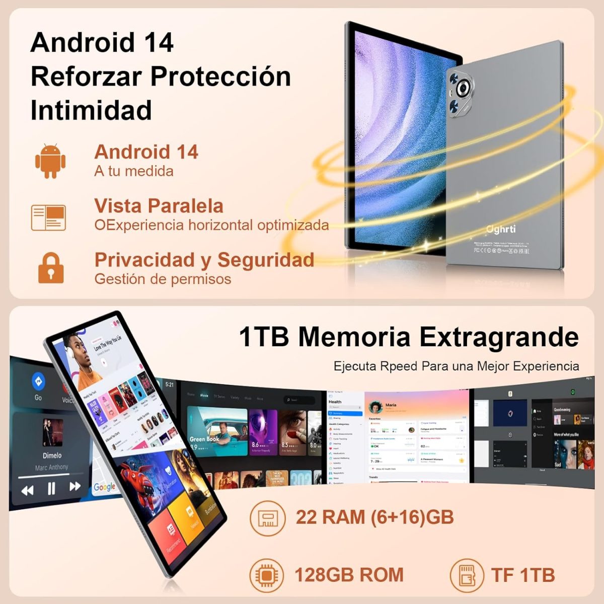 ⁦2025 Newest Android Tablet 14 Touch Tablet, 22(6+16)GB RAM+128GB ROM/TF 2TB, 8-Cores, 8000mAh, GPS, Face ID, Widevine L1, BT5.0, 8MP+5MP, WLAN 6, Parental Control, Tablet with Mouse-Grey⁩ - الصورة ⁦3⁩