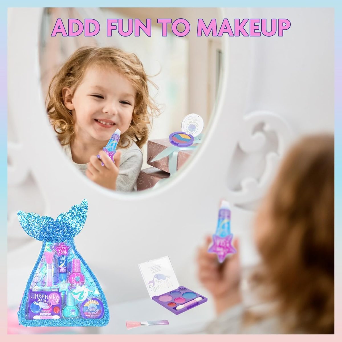⁦Townley Girl Mermaid Vibes Makeup Set with 8 Pieces, Including Lip Gloss, Nail Polish, Body Shimmer and More in Mermaid Bag, Ages 3+ for Parties, Sleepovers and Makeovers⁩ - الصورة ⁦4⁩