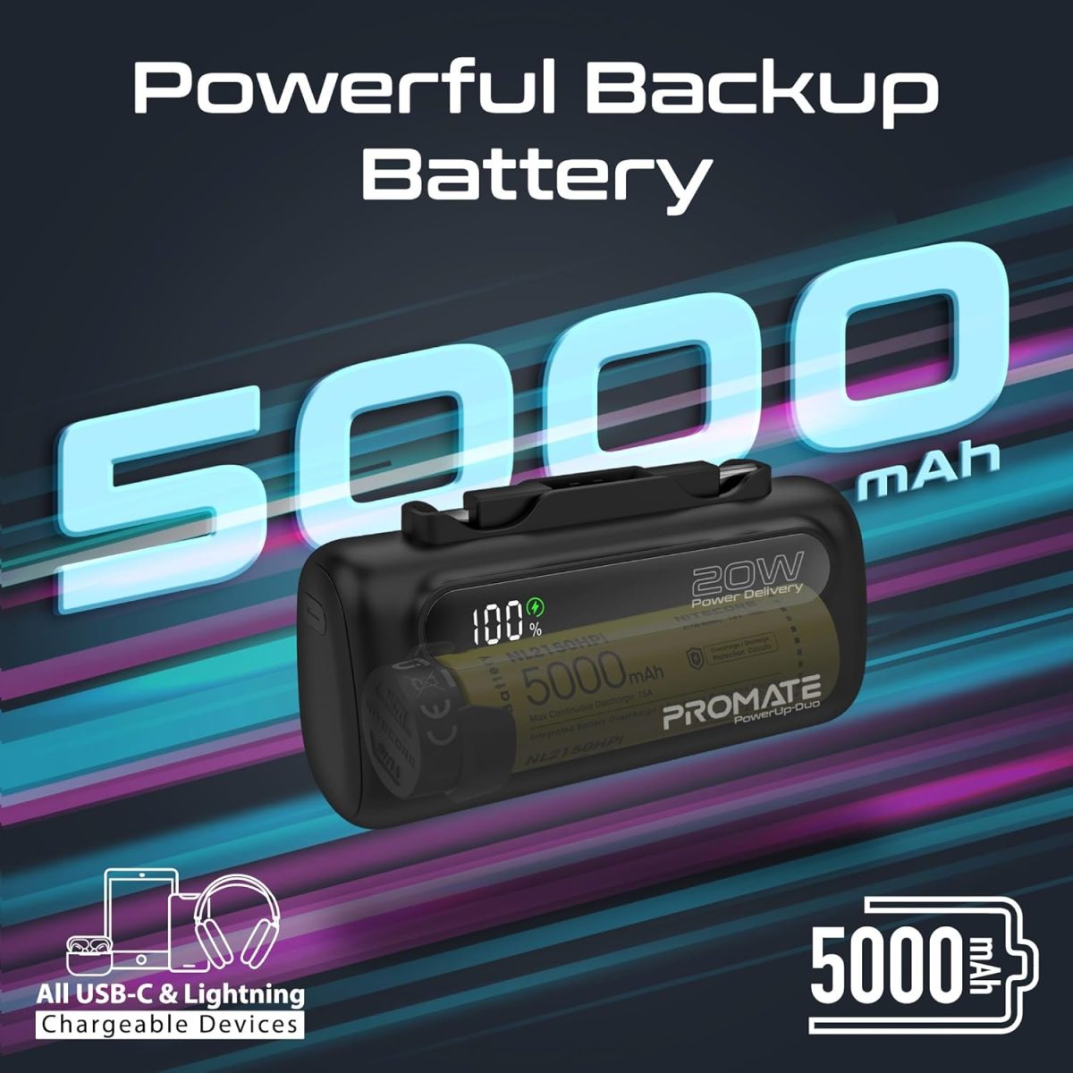 ⁦Promate Mini Power Bank, 5000mAh with 20W USB-C™ In/Out Foldable Connector, 12W Lightning Foldable Connector, LED Display, PowerUp-Duo (Black)⁩ - الصورة ⁦2⁩