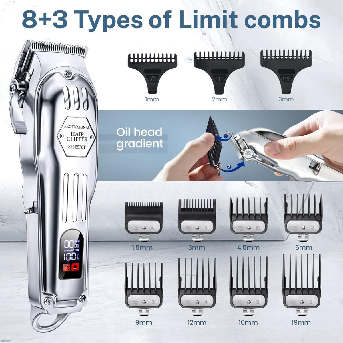 ⁦KIKIDO Hair Clippers Professional Cordless for Men, Barber Clippers for Hair Cutting Kit, Wireless LCD Display Hair Trimmers Set, Rechargeable Haircut Machine for Family (Sliver)⁩ - الصورة ⁦2⁩