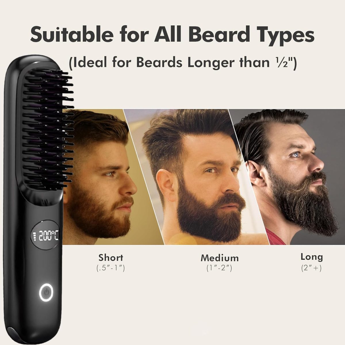 ⁦Beard Straightener for Men, Anti-Scald Heated Beard Brush, Portable Cordless Hair Straightener, Electric Hot Comb 3 Temp Settings, Ionic Mini Straightener for Home and Travel⁩ - الصورة ⁦6⁩