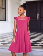 ⁦Flypigs Girls Dresses Summer Formal Party Wedding Ruffle Sleeve Mesh A Line Dress with Pockets⁩ - الصورة ⁦4⁩