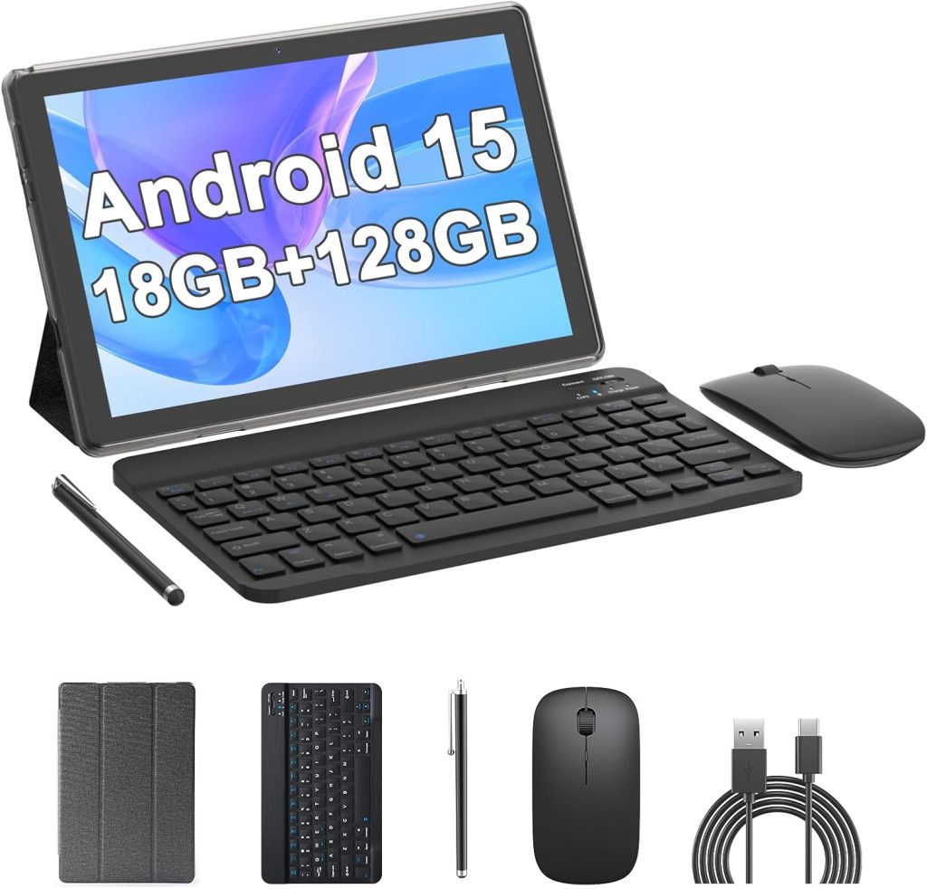 Android 15 Tablet, 10 inch 18GB RAM 128GB ROM, 2.0Ghz Quad-core Processor Tablet, 1280*800 IPS Touch Screen, 2.4G/5G WiFi, 2 in 1 Tablets with Keyboard, Case, Mouse, Stylus, 6000mAh Battery 8MP Camera