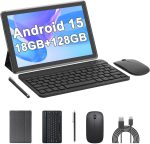 Android 15 Tablet, 10 inch 18GB RAM 128GB ROM, 2.0Ghz Quad-core Processor Tablet, 1280*800 IPS Touch Screen, 2.4G/5G WiFi, 2 in 1 Tablets with Keyboard, Case, Mouse, Stylus, 6000mAh Battery 8MP Camera