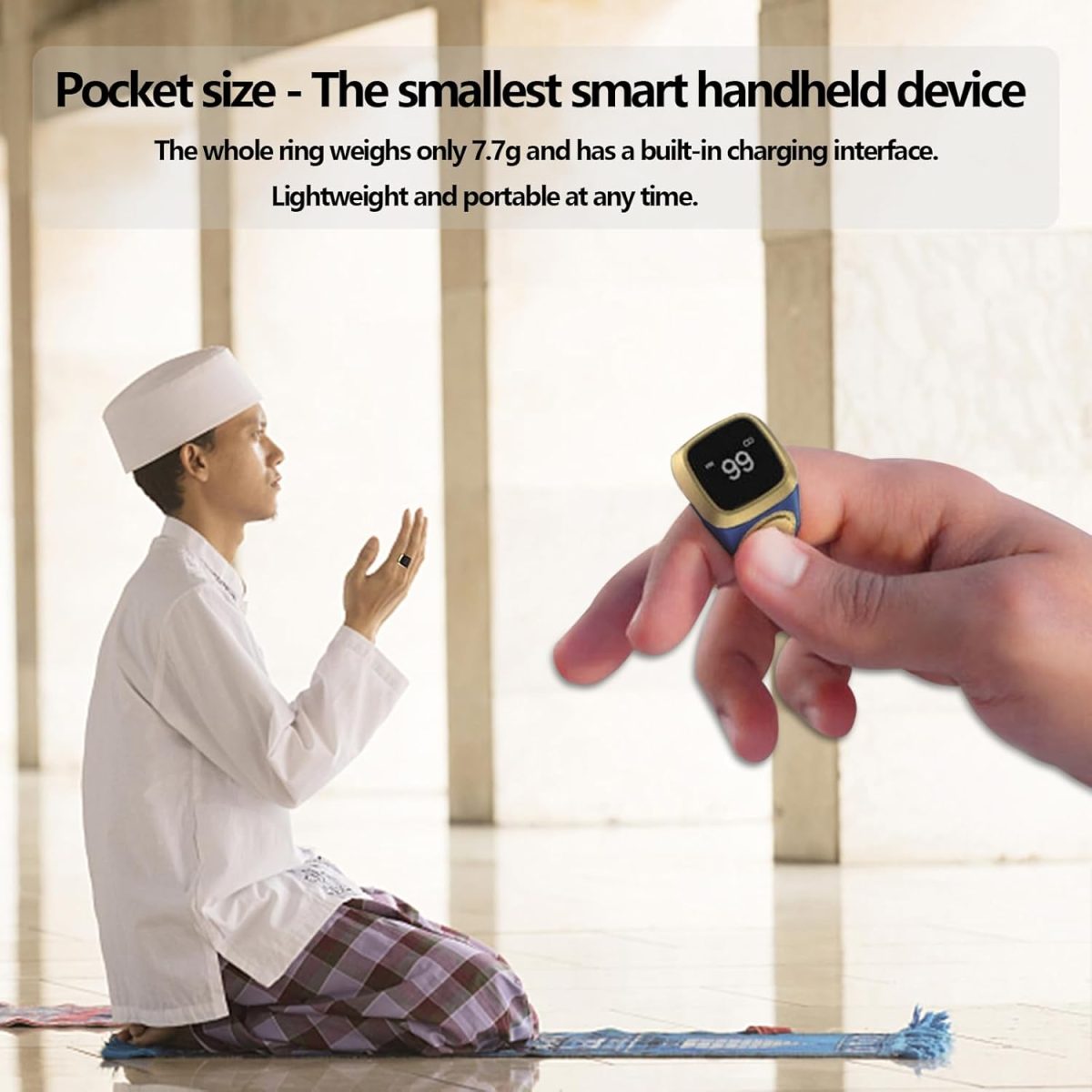 ⁦Generic Tasbih Smart Ring 20mm, Muslim Prayer, Prayer timing reminder, OLED display Tasbih Counter, Waterproof (Blue)⁩ - الصورة ⁦2⁩