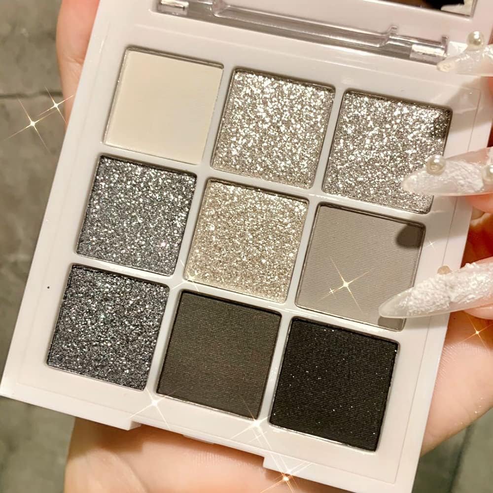 Azonee Black White Smokey Eyeshadow Palette, 9 Colors Matte Glitter Eyeshadow Makeup Palette Silver Gray Eye Shadow for Girls and Women, with Prism Mirror