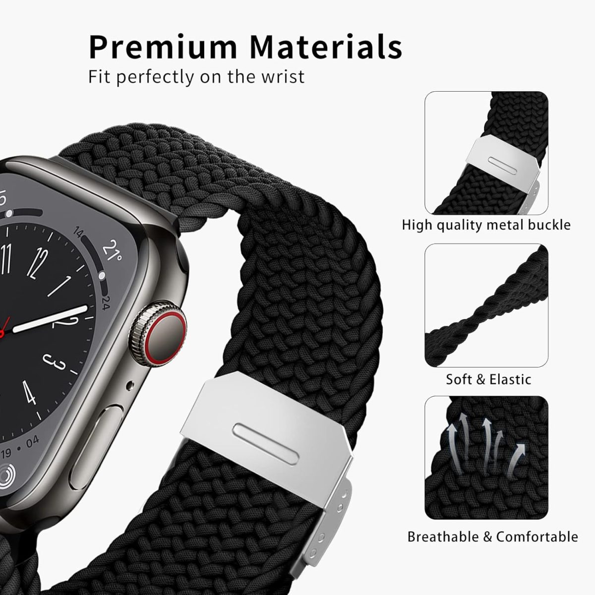 ⁦Compatible with Apple Watch Strap Band 49mm 46mm 45mm 44mm 42mm Braided Replacement Bands Adjustable Stretchable Elastics Sport Wristband for iWatch ultra2 ultra Series10/9/8/7/6/SE/5/4/3/2/1⁩ - الصورة ⁦3⁩