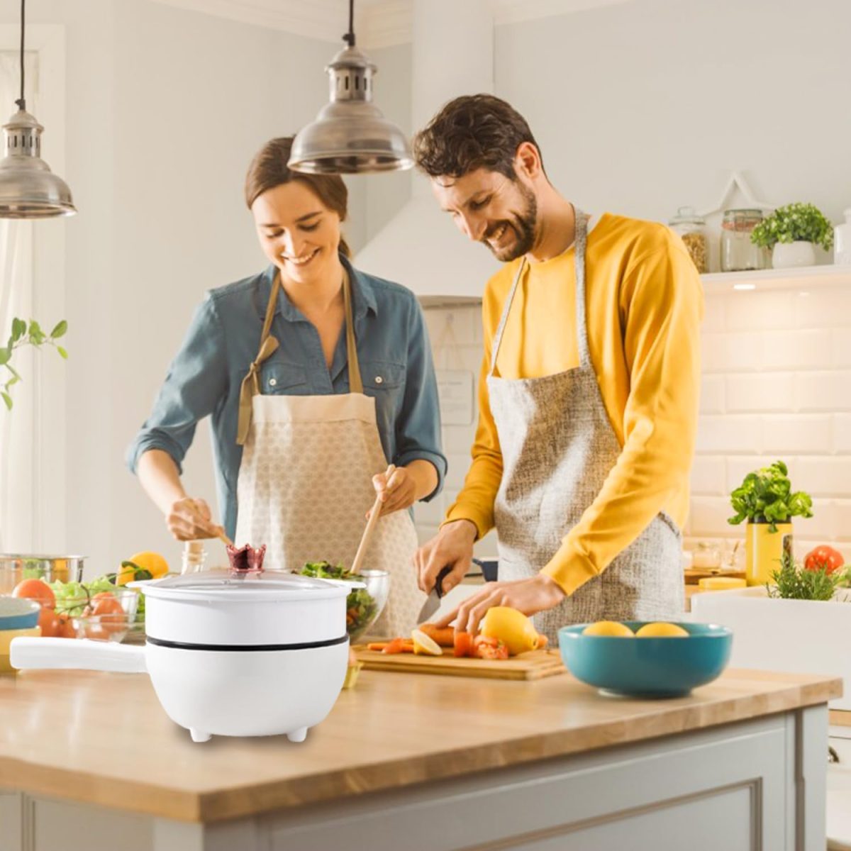 ⁦YESMAX Electric Cooker 3 Litre Hot Pot with Steamer, Non-Stick Frying Pan, Portable Travel Cooker for Ramen/Steak/Fried Rice/Oatmeal/Soup⁩ - الصورة ⁦6⁩