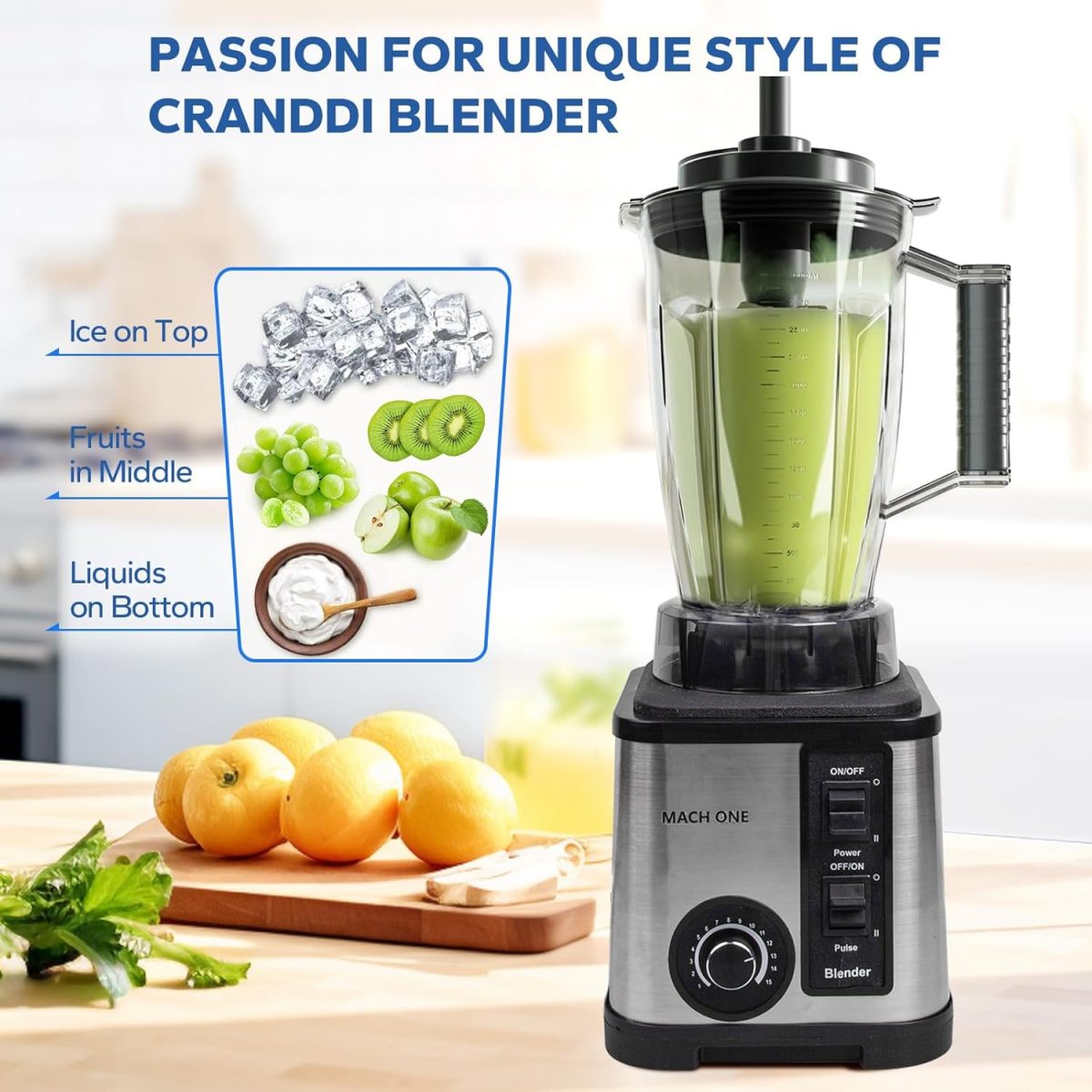 ⁦Ponicozy 3 in 1 Full Size Blender - 9500W Electric High Speed 15 Speed Countertop Smoothie Maker With 3L Bowl, 1.5L Chopper, 0.5L Grinder for Smoothie, Milkshake, Puree⁩ - الصورة ⁦6⁩