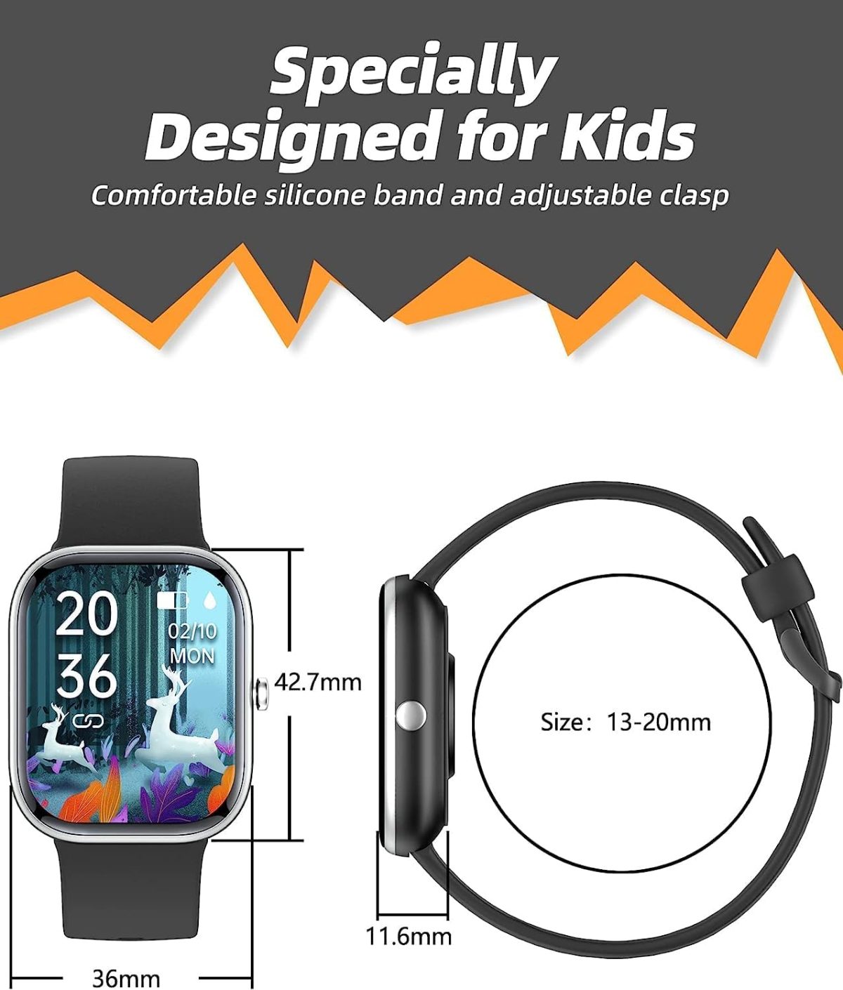 ⁦ZONEY Kids Smart Watch for Boys Girls, IP68 Waterproof Kids Fitness Activity Tracker Watch,Heart Rate Sleep Monitor,8 Sport Modes,Pedometers,Calories Counter,Alarm Clock,Kids Gifts (Black)⁩ - الصورة ⁦8⁩