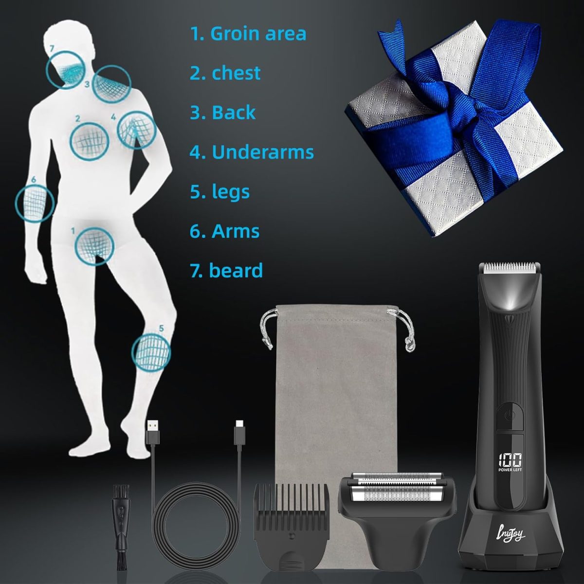⁦INVJOY Manscape Body Trimmer for Men, Waterproof Electric Razor/Shavers with Dual-Head for Facial, Pubic & Groin Hair Grooming, Ceramic & Foil Blades Hair Trimmer with LED - Birthday Gift for Him Dad⁩ - الصورة ⁦8⁩